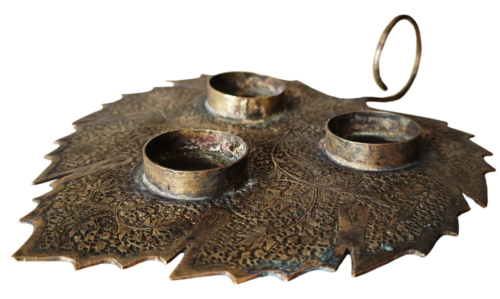 Brass maple-leaf-shaped tray with three cup holders