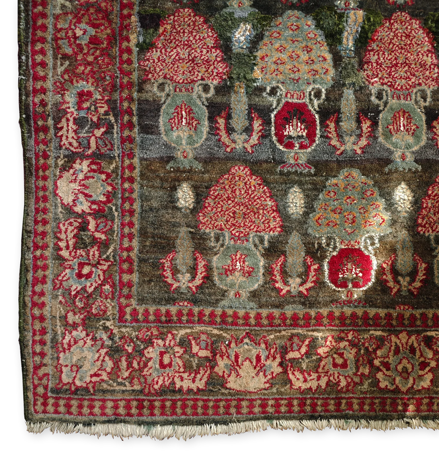 Corner detail of a hand-knotted Kashmiri carpet