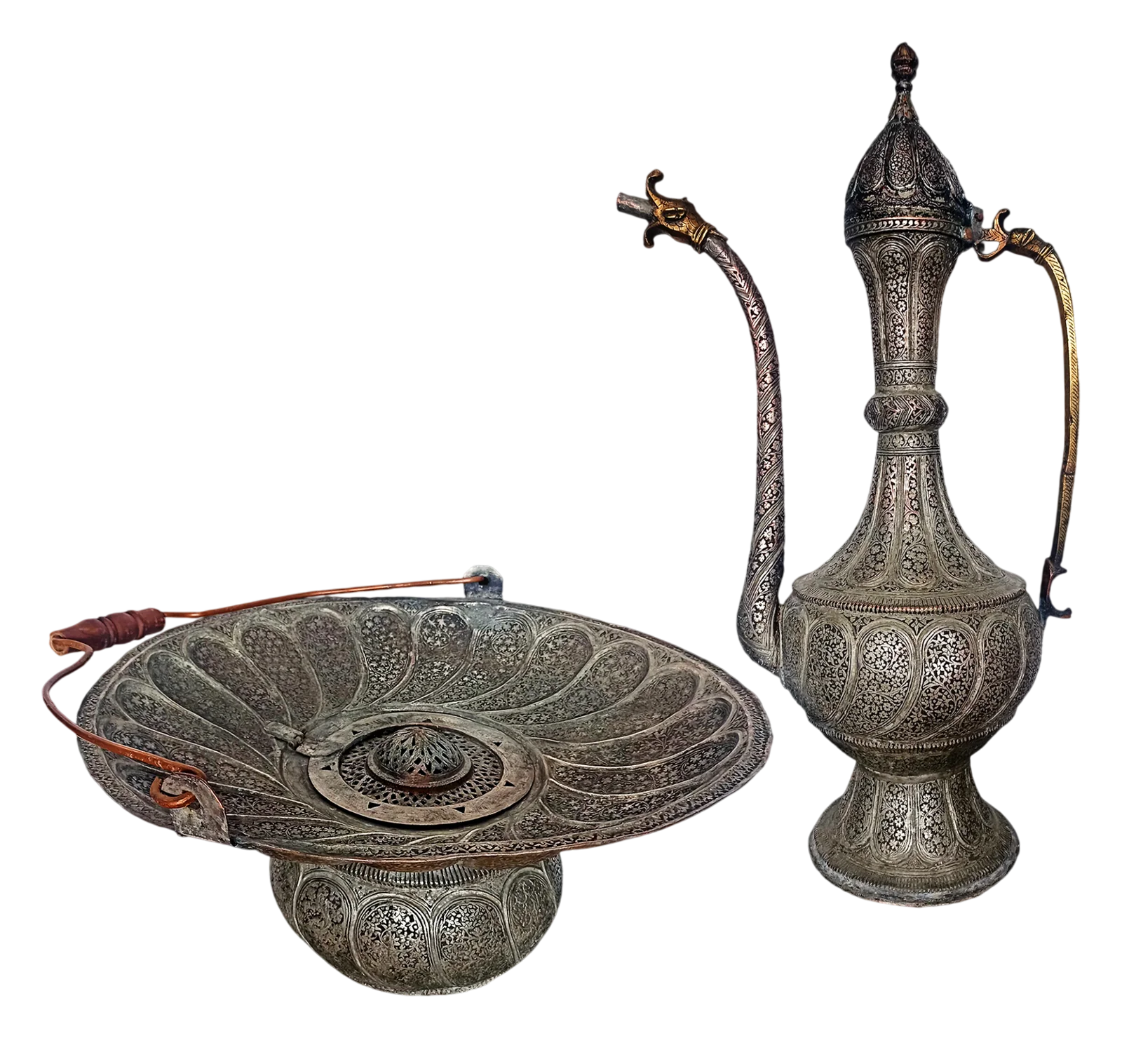 Engraved Kashmiri copper ewer and footed tray