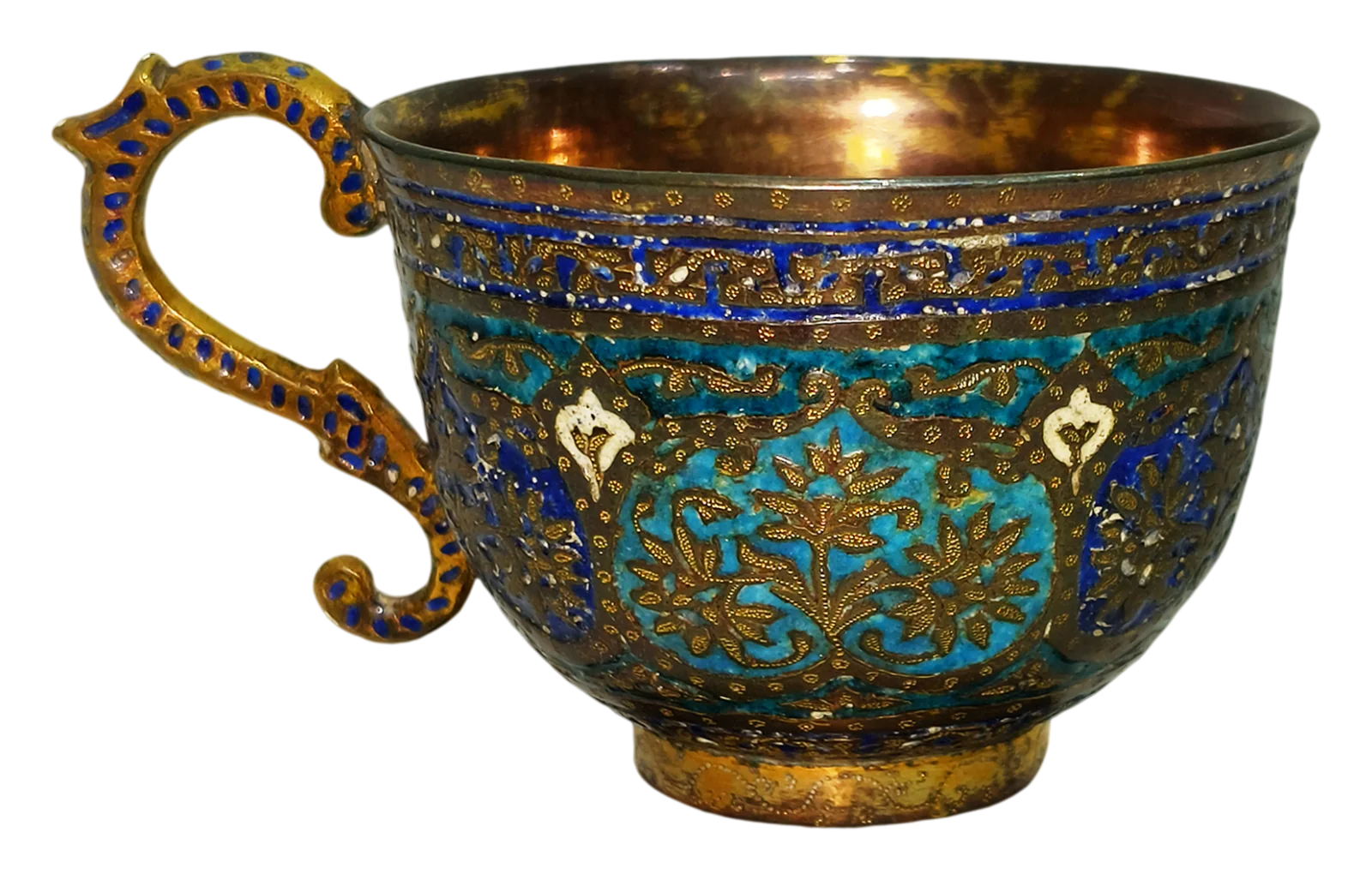Blue and gold enamelled brass cup with ornate handle