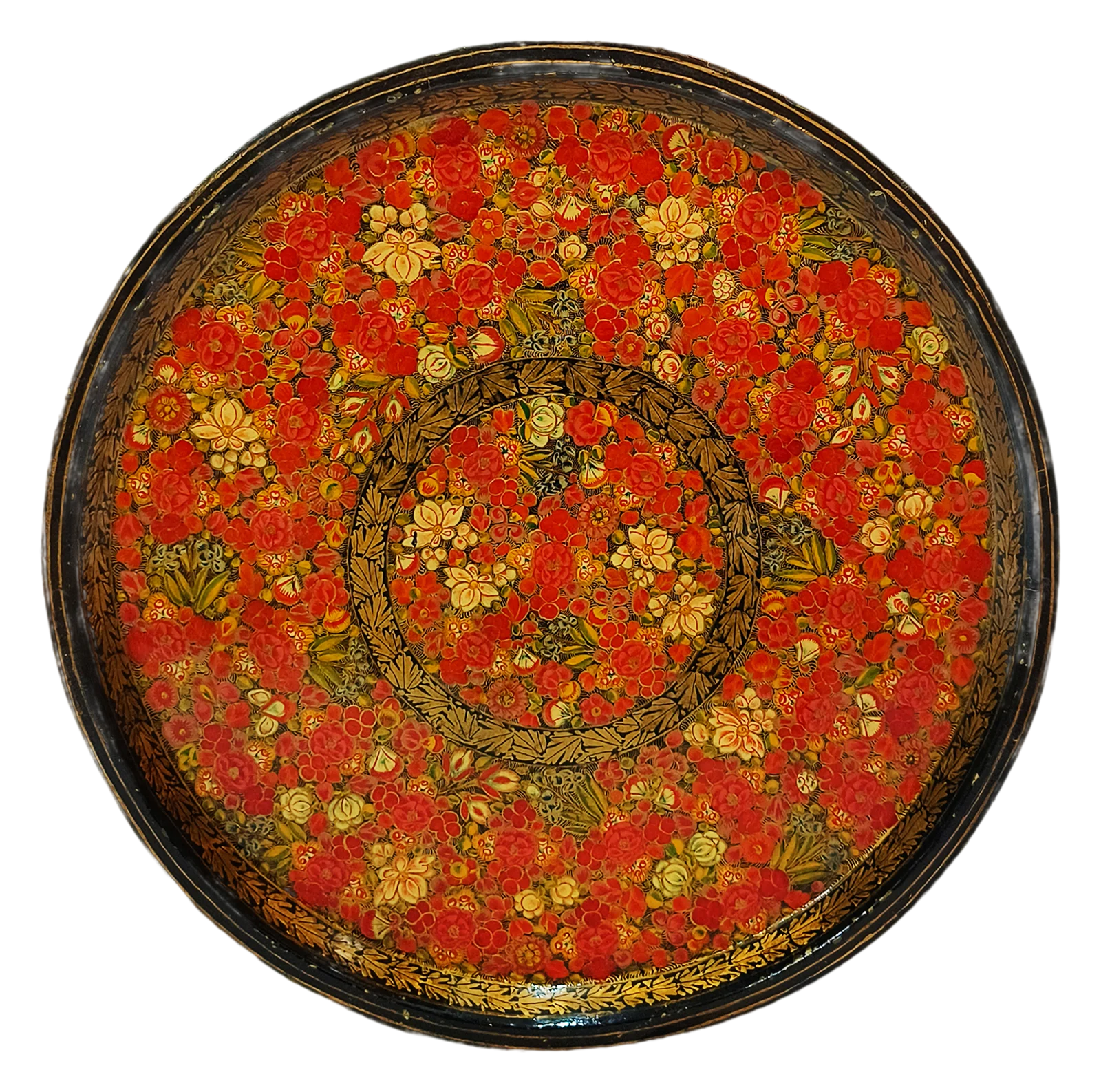 Papier-mâché bowl with hand-painted red and gold floral pattern
