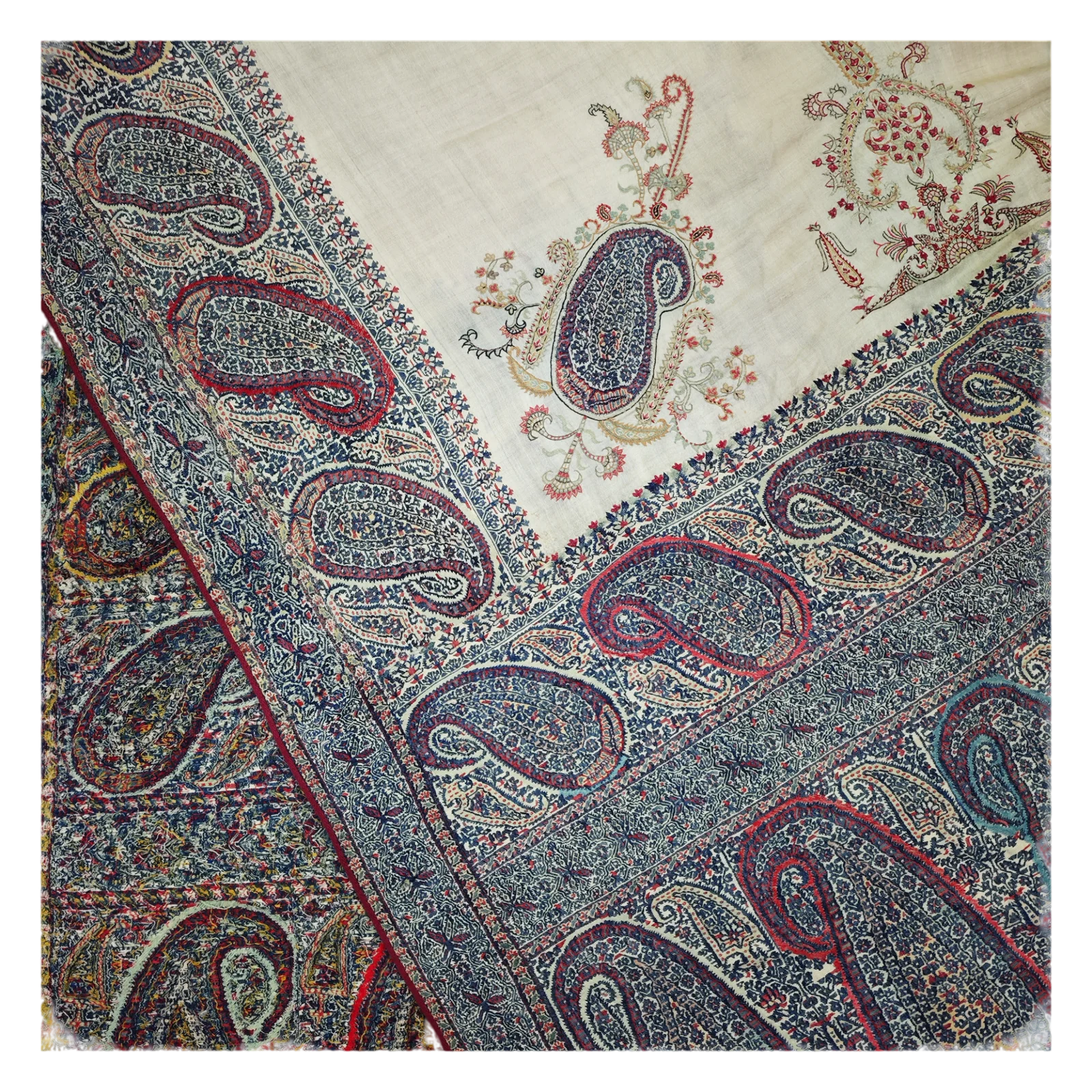 Close-up of hand-embroidered pashmina shawl paisley border