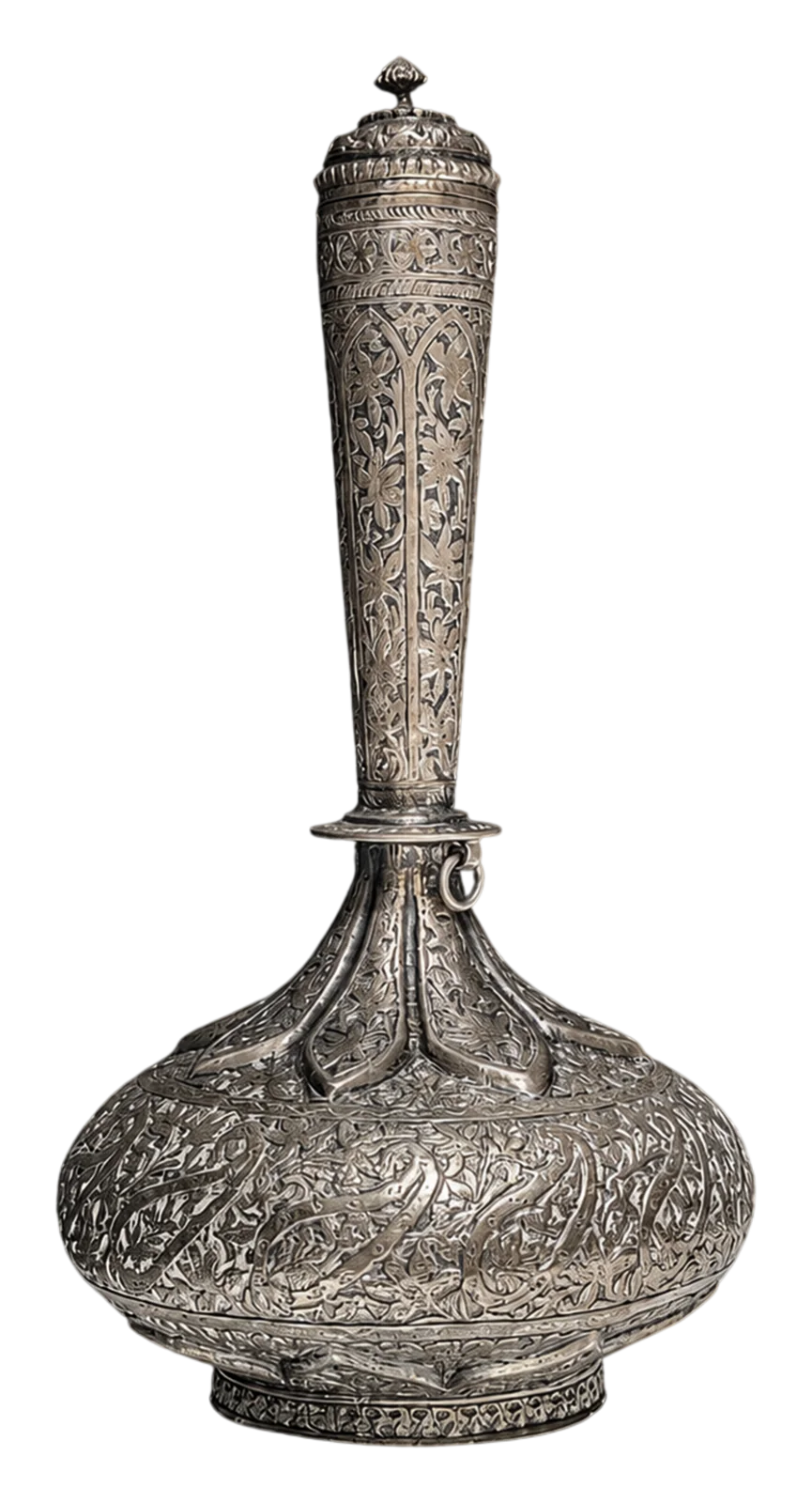Tall engraved silver vessel with domed lid