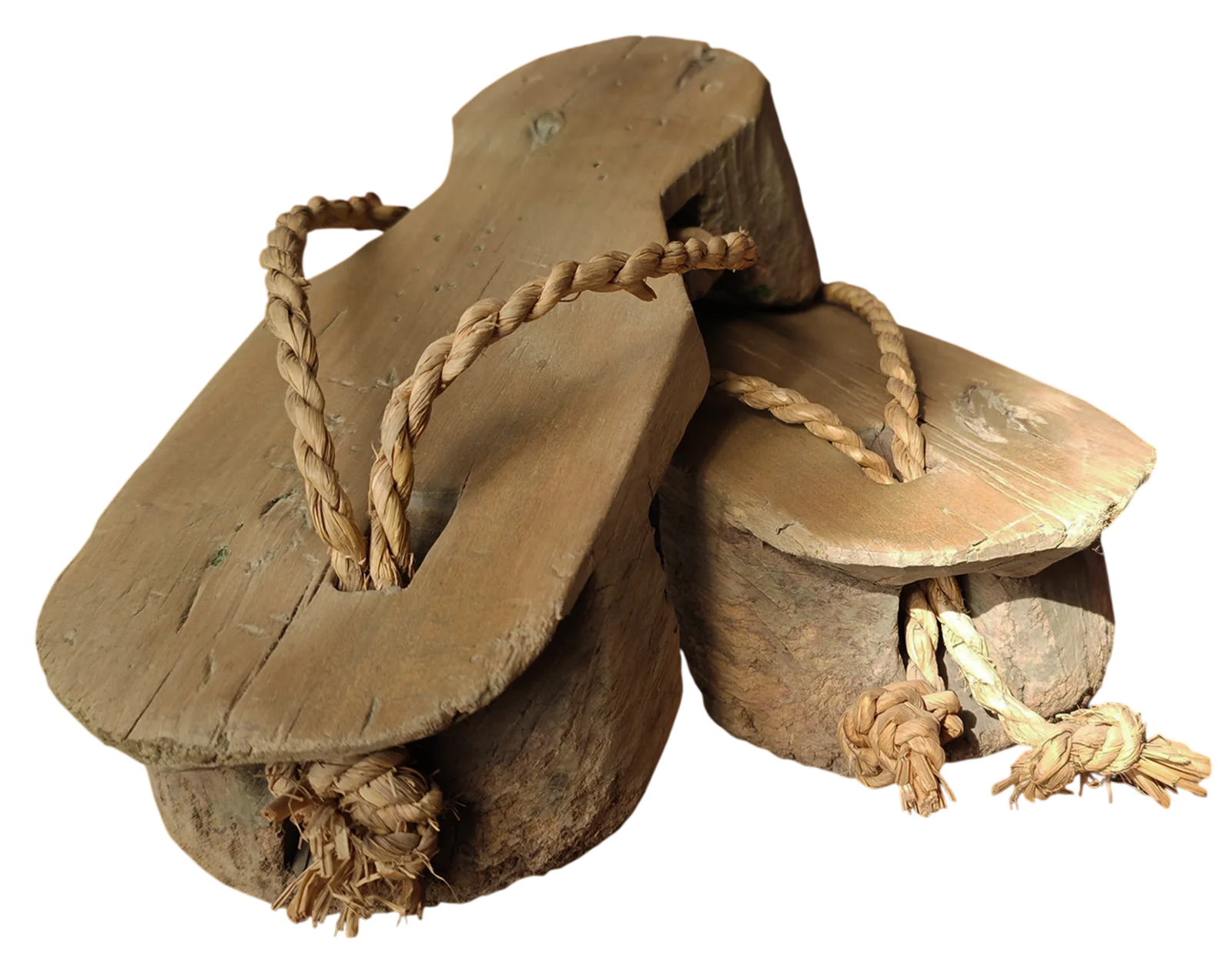 Traditional carved wooden sandals with rope straps