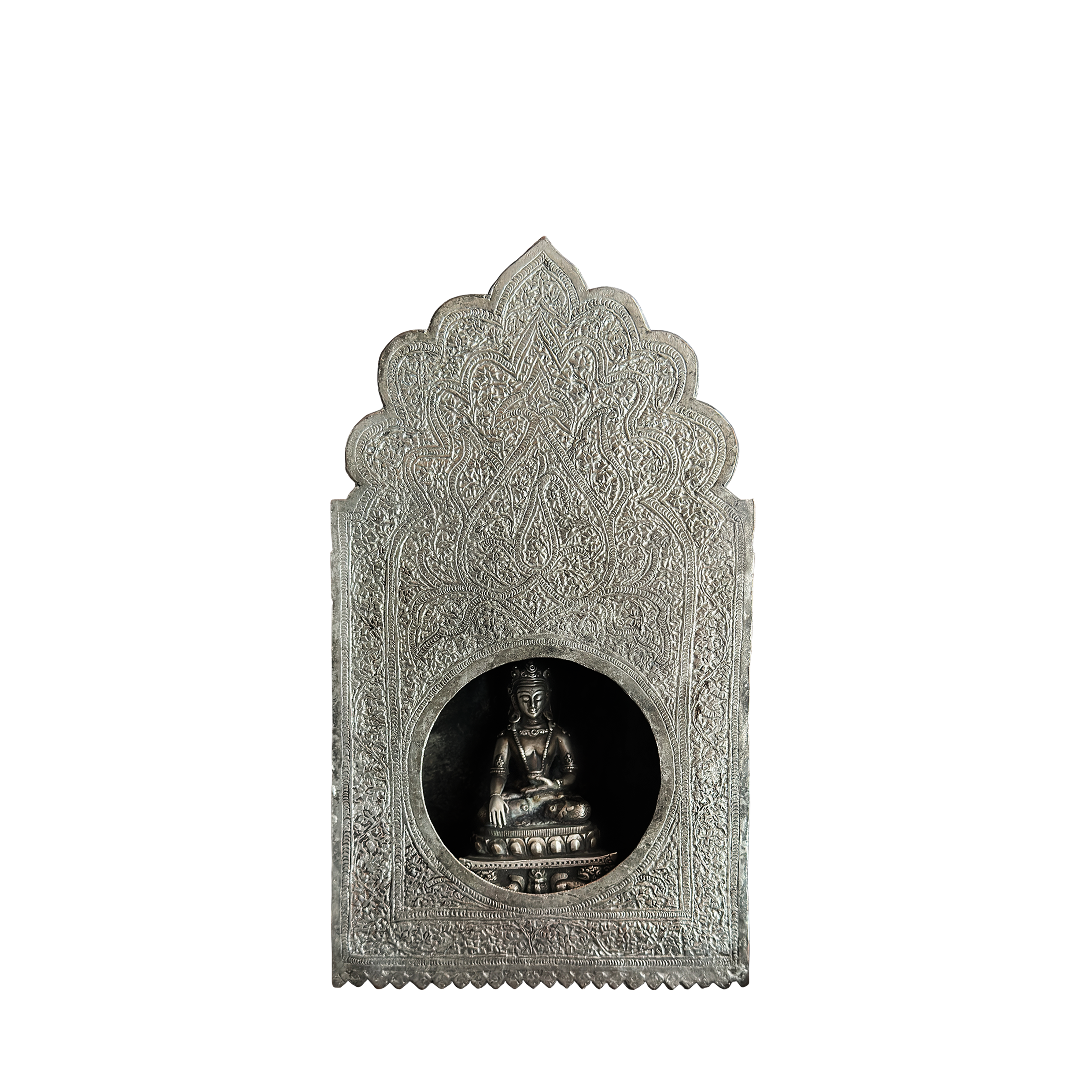 Engraved silver shrine niche holding a seated Buddha